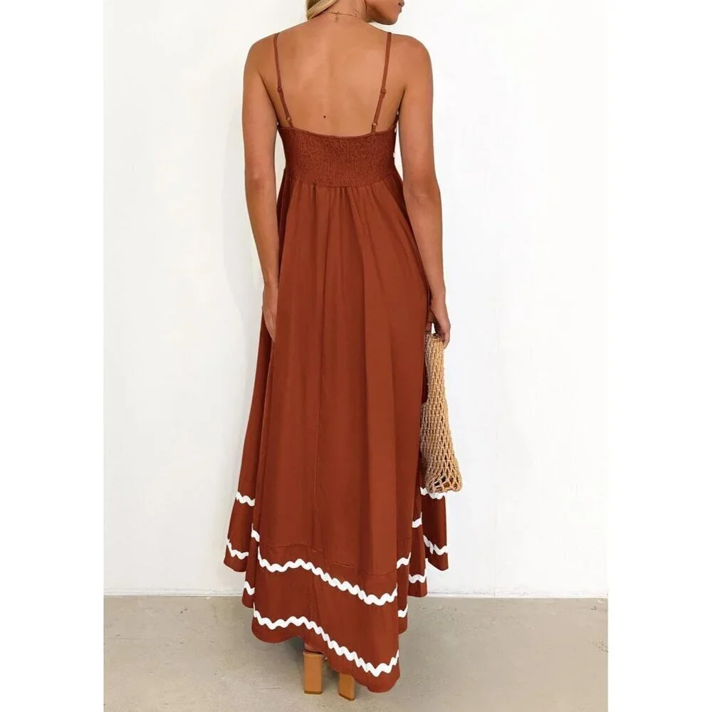 Women's Rust Casual Sleeveless Spaghetti Strap Ruffle Beach Maxi Dress